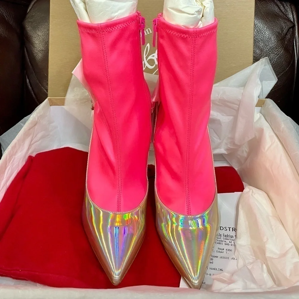 Christian Louboutin Jessie Bootie Joli 100mm, Holo patent speccio Slvr Lthr EU37